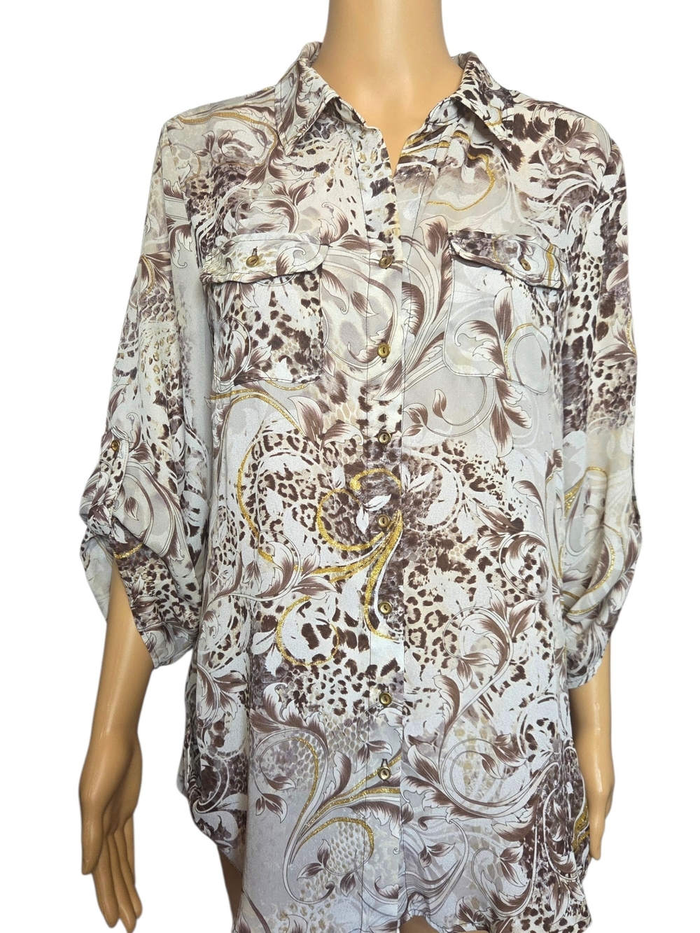 dressbarn Brown Cream Gold Button-Down Shirt Tab 3/4 Sleeves Chiffon Boho Sz M